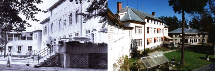 Preståsen Tuberkulosehjem ca. 1935 og Søndre Vestfold DPS ca. 1995. (Foto fra avhandlingen: Utlånt av Sandefjord Sanitetsforening) Preståsen Tuberkulosehjem ca. 1935 og Søndre Vestfold DPS ca. 1995. (Foto fra avhandlingen: Utlånt av Sandefjord Sanitetsforening)