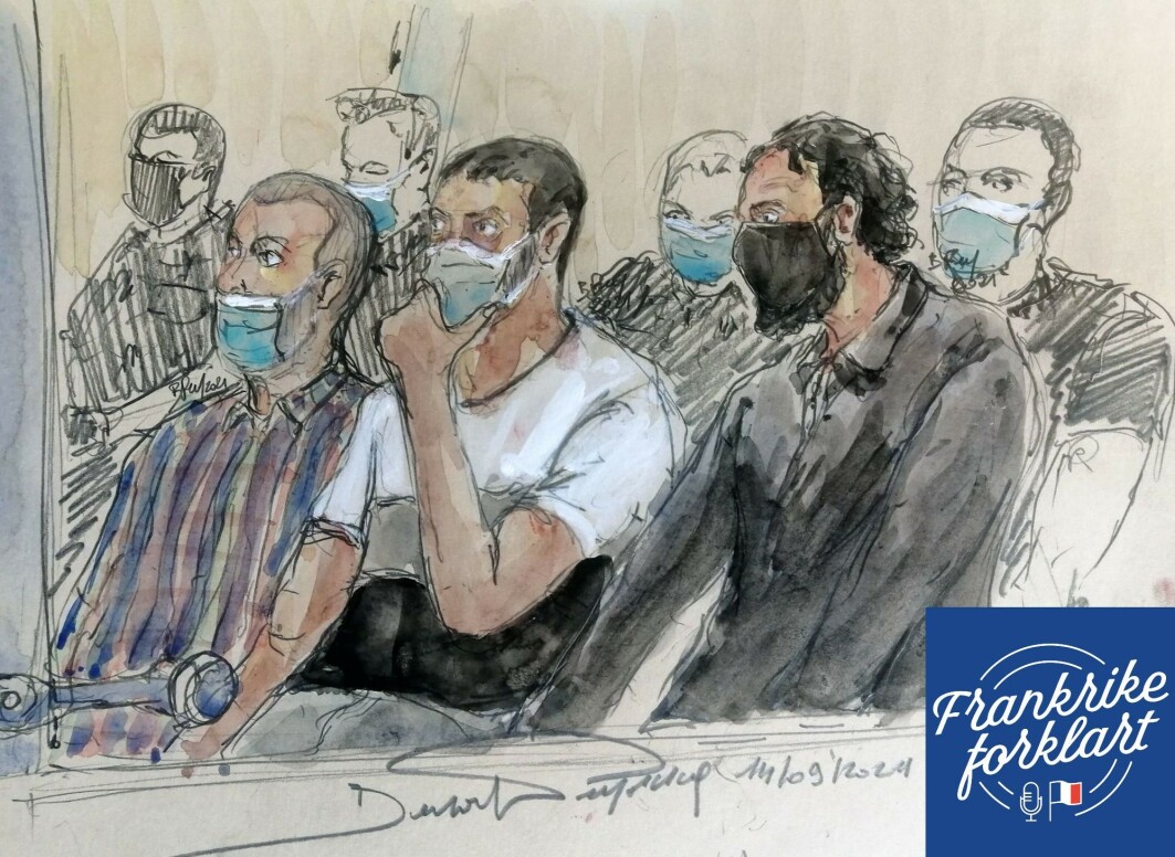 Tegning fra rettsaken mot 13/11-terroristene i Paris. Tegning fra rettsaken mot 13/11-terroristene i Paris.