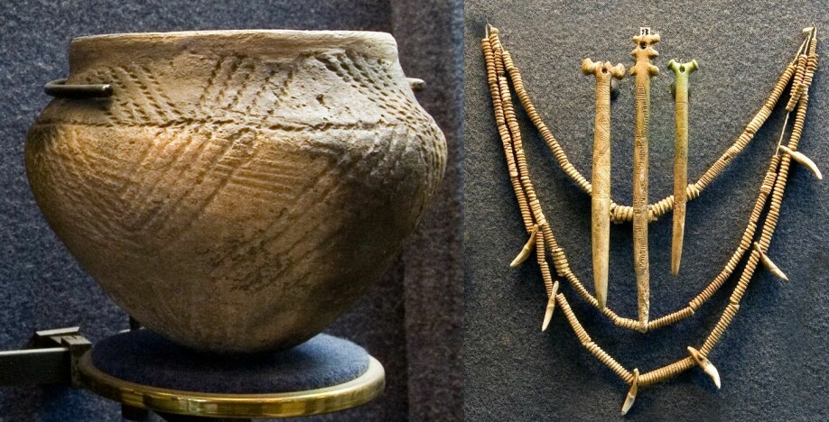 Det var blant annet den såkalte snorkeramikken (til venstre) som var dekorert med snorornamenter som jamnaja-kulturen var kjent for. Til høyre utsmykkingsgjenstander i bein som også stammer fra jamnaja-kulturen.