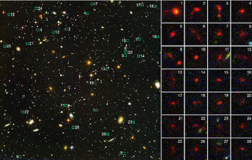 "Bildet til venstre er tatt med et vidvinkel-kamera på Hubble, og viser galaksehopen med nummerering tilsvarende de små bildene til høyre med 28 av de mange hundre små rødforskjøvede galaksene. Foto: ESA/NASA"