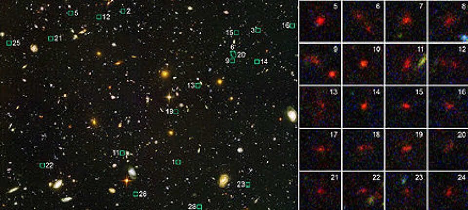 "Bildet til venstre er tatt med et vidvinkel-kamera på Hubble, og viser galaksehopen med nummerering tilsvarende de små bildene til høyre med 28 av de mange hundre små rødforskjøvede galaksene. Foto: ESA/NASA"