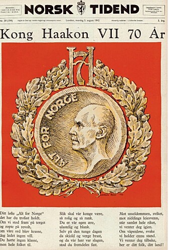Norsk Tidend, eksilregjeringens informasjonsavis i London, laget en praktutgave til kong Haakons jubileum i 1942. Norsk Tidend, eksilregjeringens informasjonsavis i London, laget en praktutgave til kong Haakons jubileum i 1942.