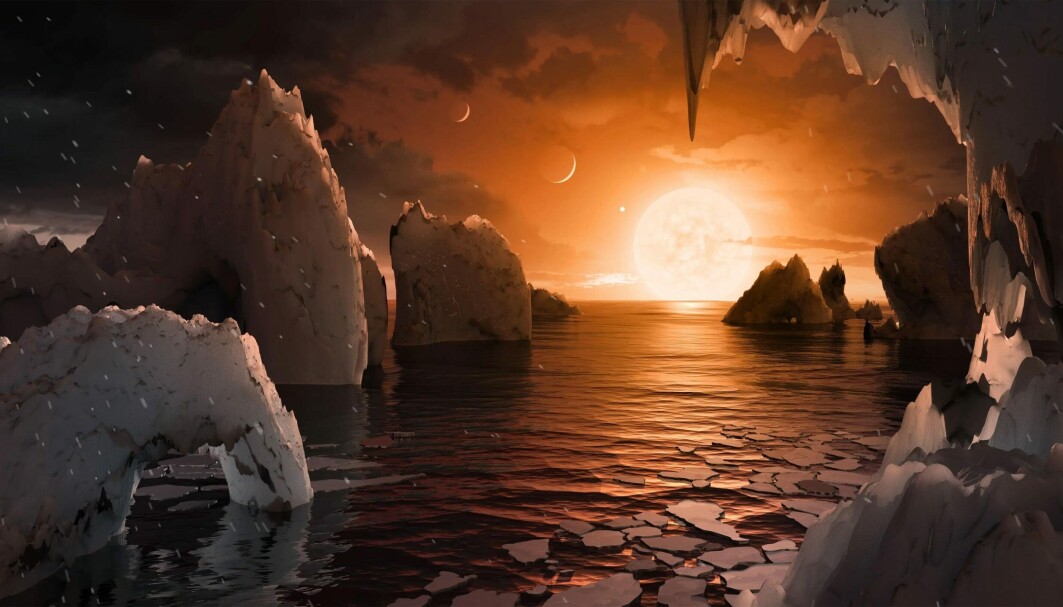 Illustrasjon fra overflaten til en planet-TRAPPIST-1 systemet. Illustrasjon fra overflaten til en planet-TRAPPIST-1 systemet.