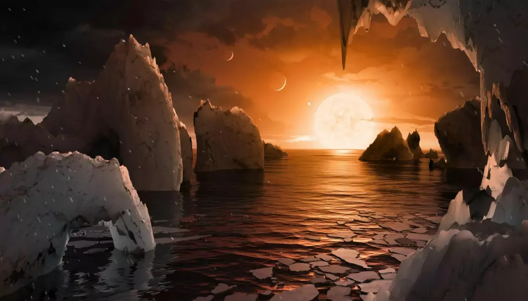 Illustrasjon fra overflaten til en planet-TRAPPIST-1 systemet.