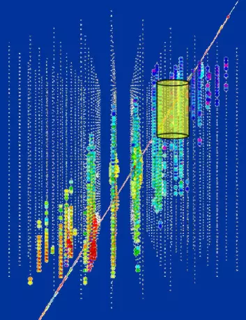 Illustrasjonen viser hvordan lyssporet av et muon som kommer nedenfra gjennom jorda, fanges opp av detektorene i IceCube. De tidligste treffene er farget orange, så videre gjennom regnbuens farger: gul, grønn og blå. (Figur: NSF)