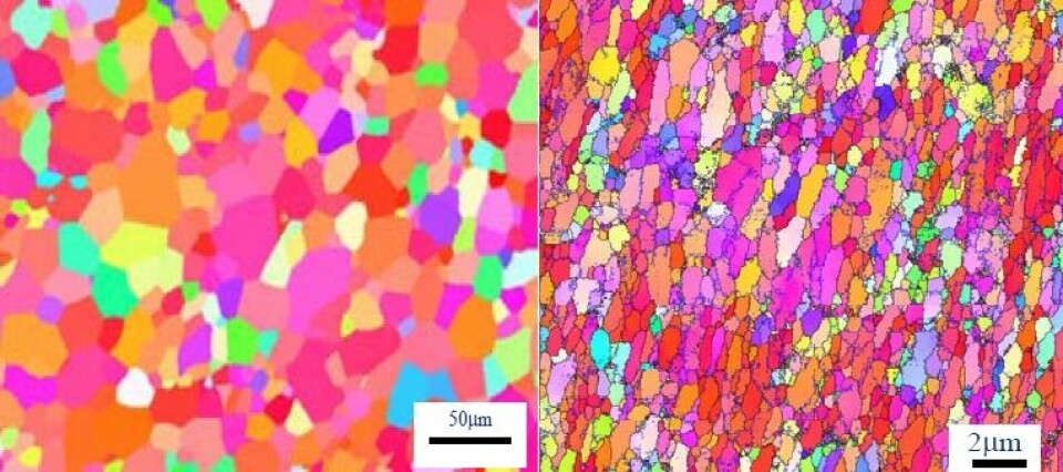 Strukturen i metallet deformeres i en slik grad at kornstørrelsen endres fra mikroskala til nanoskala. (Foto: SINTEF)