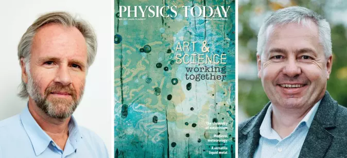 Geologene Bjørn Jamtveit (til venstre) og François Renard er blant forskerne Ellen Karin Mæhlum har jobbet med. Tidligere i år skrev Physics Today om samarbeidet med et av Mæhlums verker på forsiden.