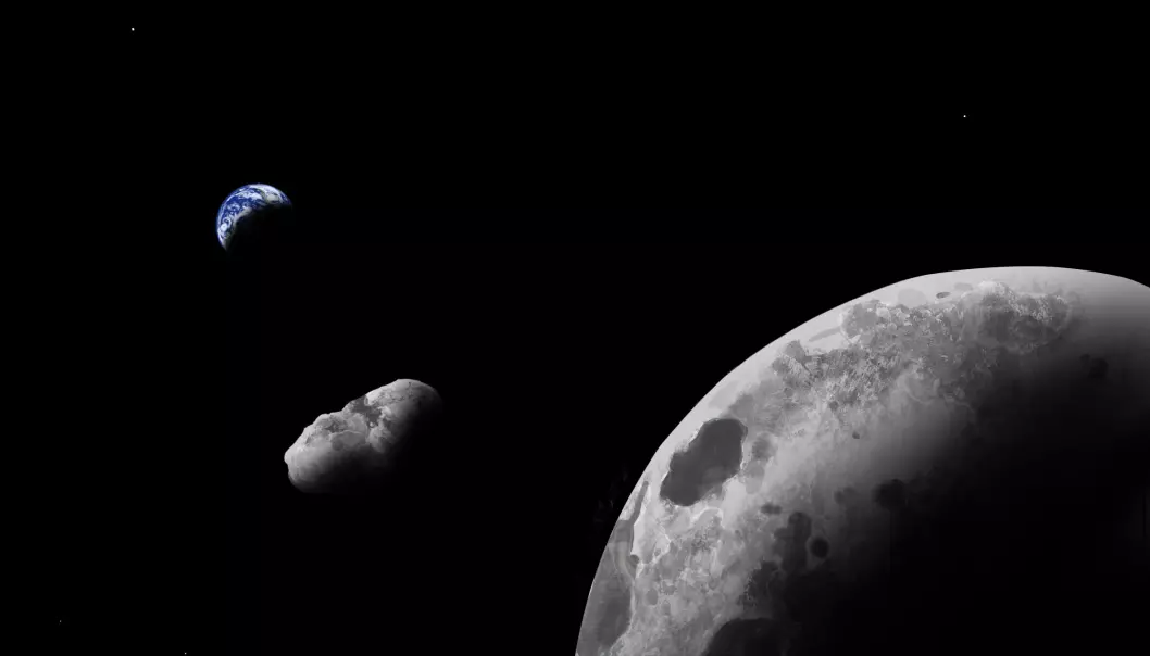Slik ser en kunstner for seg Kamo`oalewa, mellom månen og jorda. Forskere tror den kan være en bit av månen som har falt av.