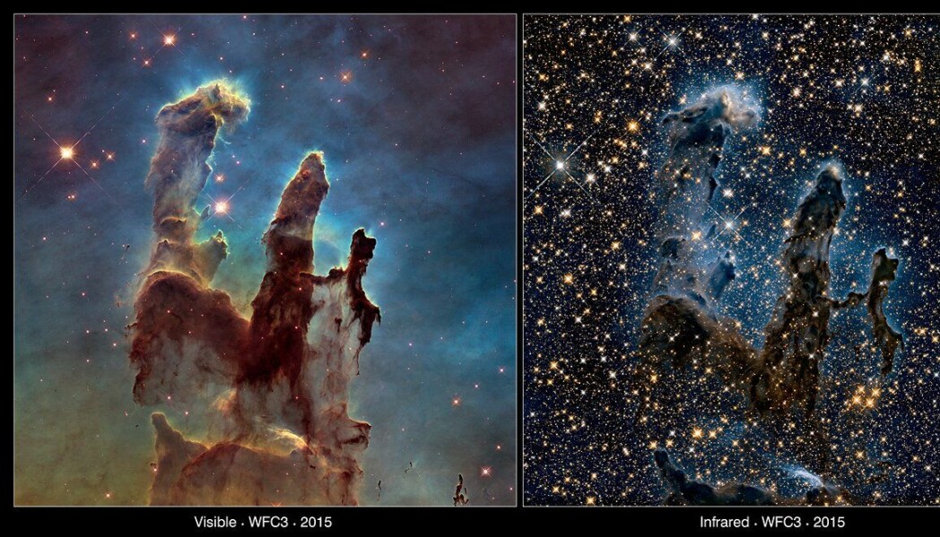 Dette bildet kalles <span class=" italic" data-lab-italic_desktop="italic">Pillars of Creation</span>, og viser stjernedannende støv- og gass-skyer, sett av Hubble. Bildet til venstre viser pilarene i synlig lys, mens bildet til høyre viser det samme utsnittet i infrarødt lys. Her kan du se at lyset går tvers igjennom støvet, og viser stjernene bak. Dette bildet kalles <span class=" italic" data-lab-italic_desktop="italic">Pillars of Creation</span>, og viser stjernedannende støv- og gass-skyer, sett av Hubble. Bildet til venstre viser pilarene i synlig lys, mens bildet til høyre viser det samme utsnittet i infrarødt lys. Her kan du se at lyset går tvers igjennom støvet, og viser stjernene bak.