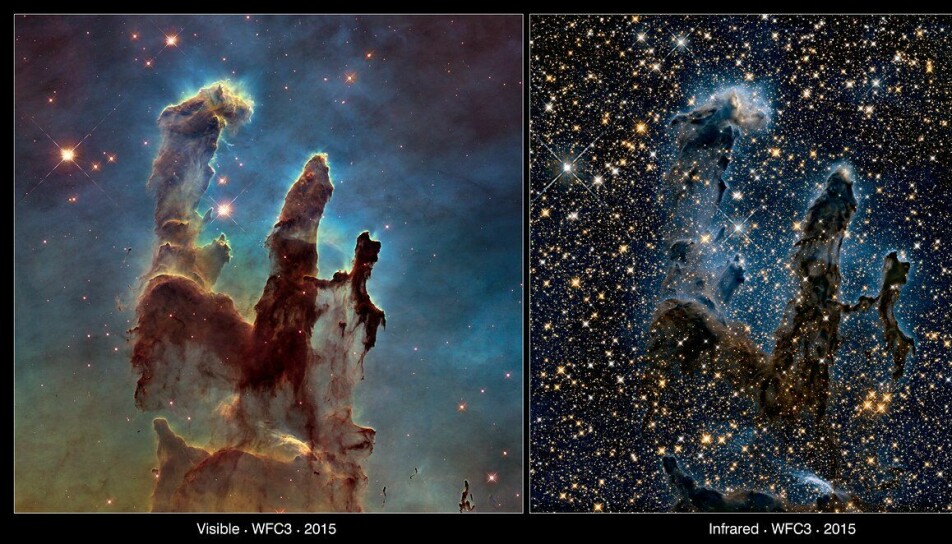 Dette bildet kalles Pillars of Creation, og viser stjernedannende støv- og gass-skyer, sett av Hubble. Bildet til venstre viser pilarene i synlig lys, mens bildet til høyre viser det samme utsnittet i infrarødt lys. Her kan du se at lyset går tvers igjennom støvet, og viser stjernene bak.