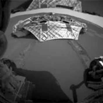 "Om morgenen 31. januar kjørte Opportunity ned fra sin landingsplattform og lagde de første sporene i den merkelige overflaten i minikrateret der kjøretøyet landing 25. januar. (Foto: Opportunity/NASA/JPL/Cornell)"
