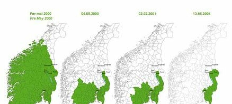 "Dette er utviklingen av det norske forvaltningsområdet for ulv fra før mai 2000 (det første kartet), til og med de siste endringene som ble gjort i mai 2004 (det siste kartet). Kilde: Foreningen våre rovdyr"