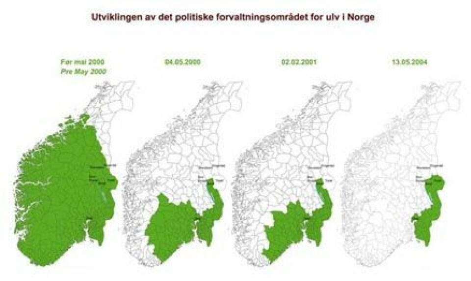 'Dette er utviklingen av det norske forvaltningsområdet for ulv fra før mai 2000 (det første kartet), til og med de siste endringene som ble gjort i mai 2004 (det siste kartet). Kilde: Foreningen våre rovdyr'