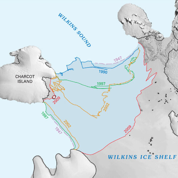 "Bildet viser et utsnitt av kartet som kan lastes ned fra nettsidene til USGS. Det mørkeblå området har smeltet siden 1947. (Figur: U.S.Geological Survey)" "Bildet viser et utsnitt av kartet som kan lastes ned fra nettsidene til USGS. Det mørkeblå området har smeltet siden 1947. (Figur: U.S.Geological Survey)"