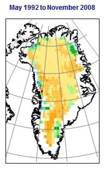 Endringene i grønlandsisen 1992-2008. Oransje og gule områder er høyere is, grønne og blå områder er lavere is. Årlig vekst 3,2 cm. (Figur: Johannessen mfl./NERSC) Endringene i grønlandsisen 1992-2008. Oransje og gule områder er høyere is, grønne og blå områder er lavere is. Årlig vekst 3,2 cm. (Figur: Johannessen mfl./NERSC)