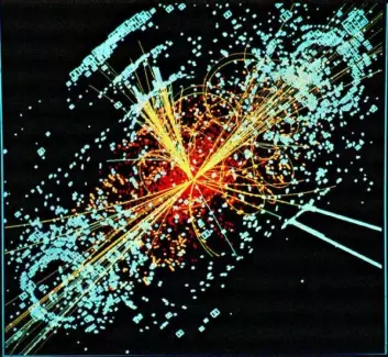Simulert bilde av en Higgs-partikkel som bryter sammen etter kollisjon mellom to aksellererte protoner i LHC. (Illustrasjon: CERN)