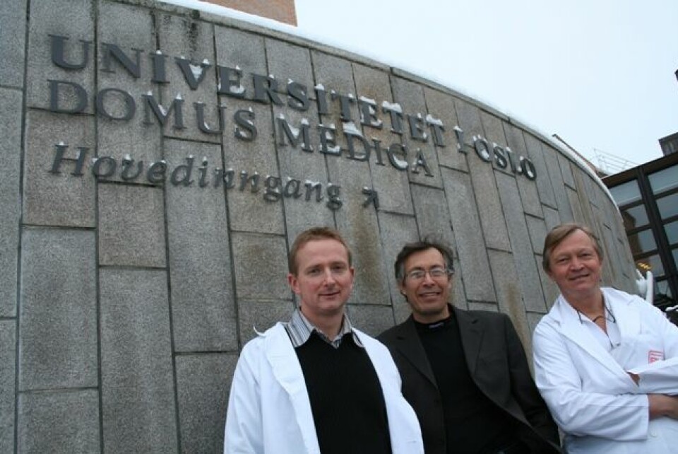 John Torgils Vaage, Joel Glover og Jan Brinchmann har sentrale roller i det nye stamcelleforskningssenteret som skal flytte inn i Domus Medica ved Rikshospitalet. (Foto: Elin Fugelsnes)