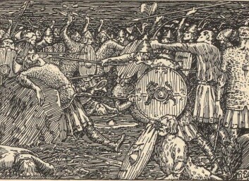 Olav den Helliges fall på Stiklestad, slik Halvdan Egedius illustrerte det i Snorre. Olav den Helliges fall på Stiklestad, slik Halvdan Egedius illustrerte det i Snorre.