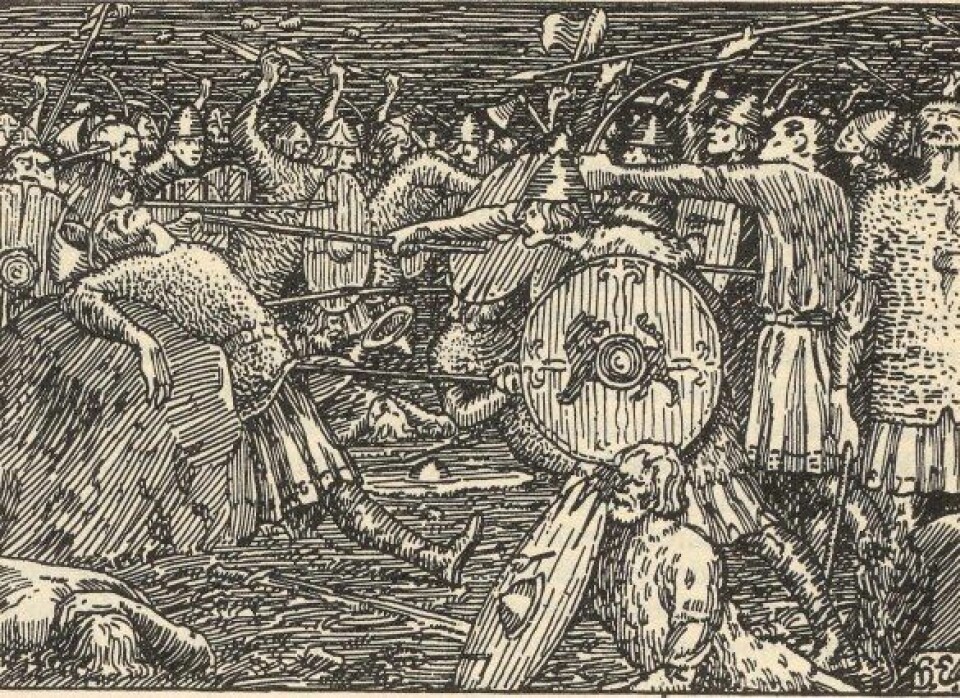 Olav den Helliges fall på Stiklestad, slik Halvdan Egedius illustrerte det i Snorre.