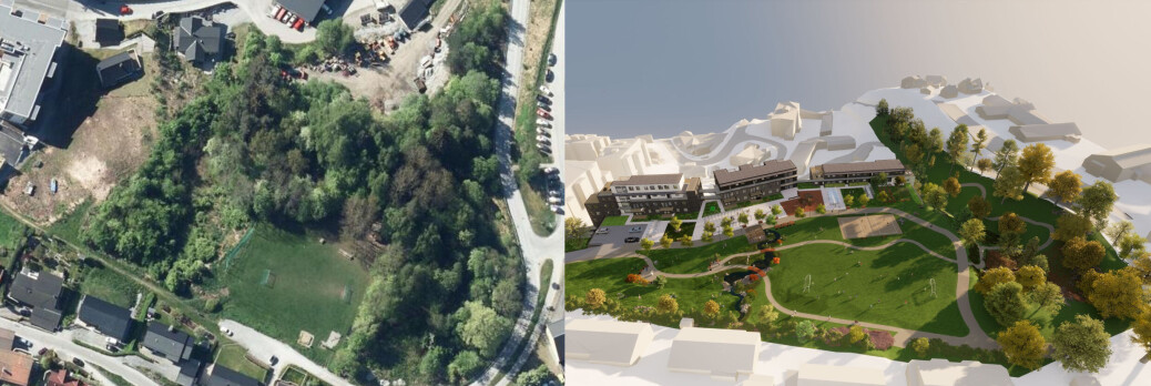 Eit eksempel frå Sogndal på press på dei siste hundremeterskogane: Dei nye planane for Ulvahaug 3 (teikning til høgre) inneber at skogen på Haugen vil bli bygd ned med blokker. I det opprinnelege utbyggingsområdet (heilt til venstre i flyfotoet), skal det etablerast grasplen og prydtre. Fotomontasje: Flyfoto frå Norgeibilder.no og skjermdump frå a38.no. Eit eksempel frå Sogndal på press på dei siste hundremeterskogane: Dei nye planane for Ulvahaug 3 (teikning til høgre) inneber at skogen på Haugen vil bli bygd ned med blokker. I det opprinnelege utbyggingsområdet (heilt til venstre i flyfotoet), skal det etablerast grasplen og prydtre. Fotomontasje: Flyfoto frå Norgeibilder.no og skjermdump frå a38.no.