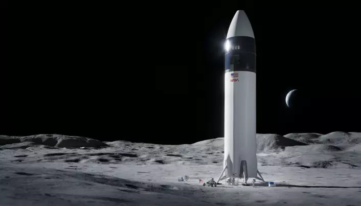 Slik ser NASA og SpaceX for seg at «Starship»-typen som skal lande på månen kommer til å se ut.