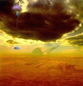 "Slik kommer det kanskje til å se ut når (hvis) Huygens lander på Titan. Illustrasjon: NASA" "Slik kommer det kanskje til å se ut når (hvis) Huygens lander på Titan. Illustrasjon: NASA"