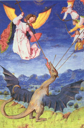 St. Michael og englene hans slåss mot Satan i drageform. (I kristendommen representerer dragen ofte djevelen, sier Torfinn Ørmen. En annen teori, er at dragen representerte motstanden mot innføringen av kristendommen. Maleriet finnes i et nederlandsk manuskript fra 1448. (Kilde: Wikimedia Commons) St. Michael og englene hans slåss mot Satan i drageform. (I kristendommen representerer dragen ofte djevelen, sier Torfinn Ørmen. En annen teori, er at dragen representerte motstanden mot innføringen av kristendommen. Maleriet finnes i et nederlandsk manuskript fra 1448. (Kilde: Wikimedia Commons)