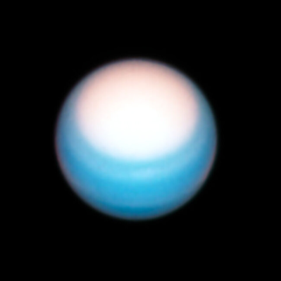 Uranus sett 25. okotober 2021. Du kan tydelig se det hvite feltet over polen.