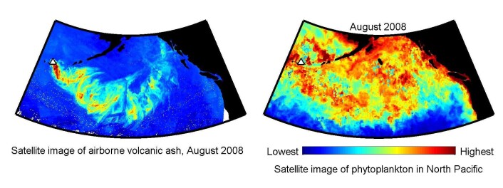 Satelittbilder av det nordøstlige Stillehavet. Til venstre spredning av asken fra Kasatochi, med vulkanen markert med en trekant. Til høyre planktonblomstring august 2008. Rød farge indikerer sterk oppblomstring. (Illustrasjon: Geophysical Research Letters/ Roberta C. Hamme) Satelittbilder av det nordøstlige Stillehavet. Til venstre spredning av asken fra Kasatochi, med vulkanen markert med en trekant. Til høyre planktonblomstring august 2008. Rød farge indikerer sterk oppblomstring. (Illustrasjon: Geophysical Research Letters/ Roberta C. Hamme)