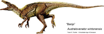 Her har vi Banjo, (Australovenator wintonensis), en fryktinngytende kjøtteter med skarpe tenner og klør. (Tegning og copyright: Travis R. Tischler, Australian Age of Dinosaurs.) Her har vi Banjo, (Australovenator wintonensis), en fryktinngytende kjøtteter med skarpe tenner og klør. (Tegning og copyright: Travis R. Tischler, Australian Age of Dinosaurs.)
