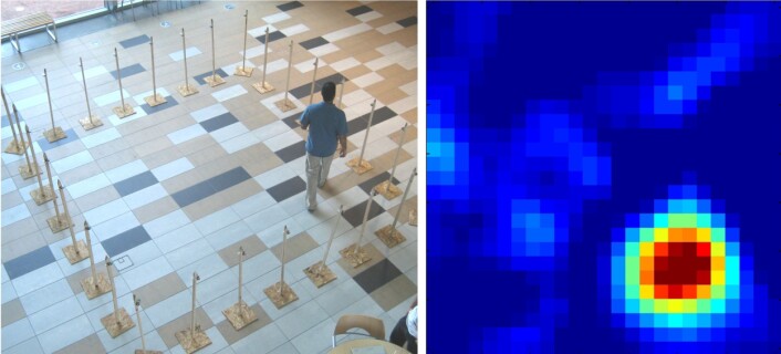 "Ved hjelp av 28 billige radiosendere og -mottakere og et dataprogram kan man "se" hvor i det avgrensede området personen befinner seg. (Foto: University of Utah)" "Ved hjelp av 28 billige radiosendere og -mottakere og et dataprogram kan man "se" hvor i det avgrensede området personen befinner seg. (Foto: University of Utah)"