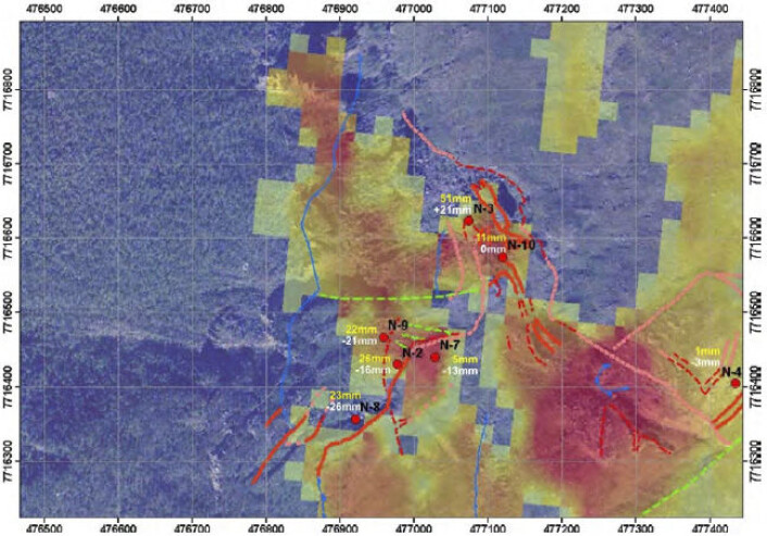InSAR- bilde drapert over flyfoto fra Nordnes. I tillegg er GPS-målinger og registrerte sprekker plottet inn. Horisontal bevegelse i gul tekst. Vertikal bevegelse i hvit tekst. Rød og rosa linjer er sprekker, grønne linjer er sidelengs forkastninger og blå linjer andtatt glideplan. InSAR- bilde drapert over flyfoto fra Nordnes. I tillegg er GPS-målinger og registrerte sprekker plottet inn. Horisontal bevegelse i gul tekst. Vertikal bevegelse i hvit tekst. Rød og rosa linjer er sprekker, grønne linjer er sidelengs forkastninger og blå linjer andtatt glideplan.