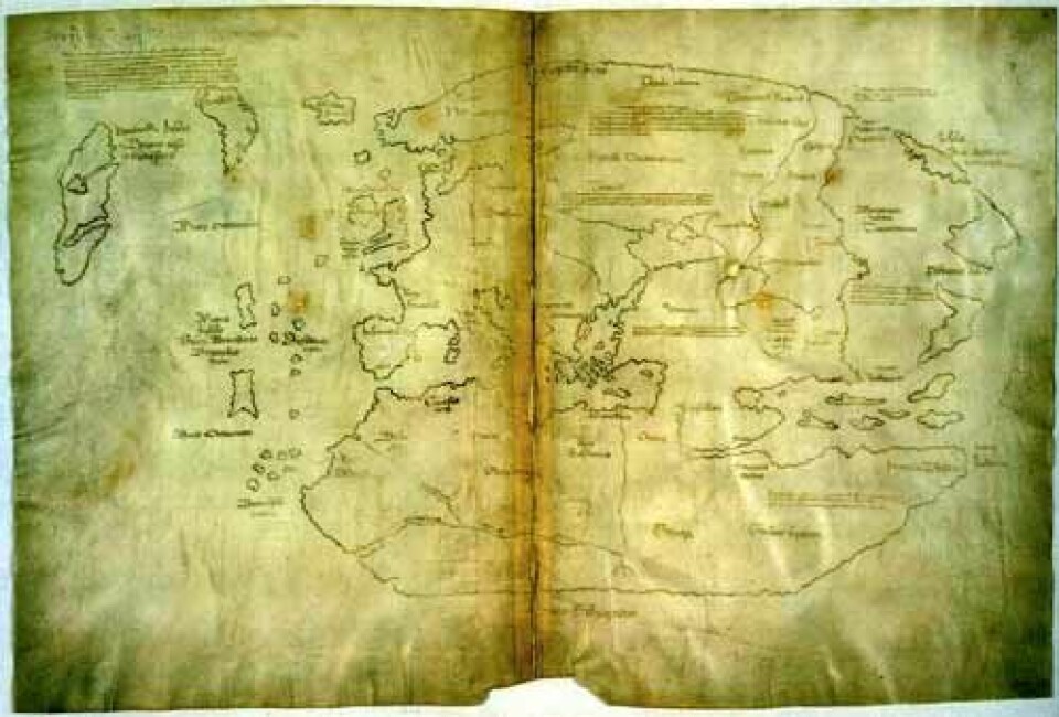 'Her er det såkalte Vinlandskartet. Vinlandia Insula er tegnet inn som en øy oppe til venstre i kartet, vest for Grønland.'