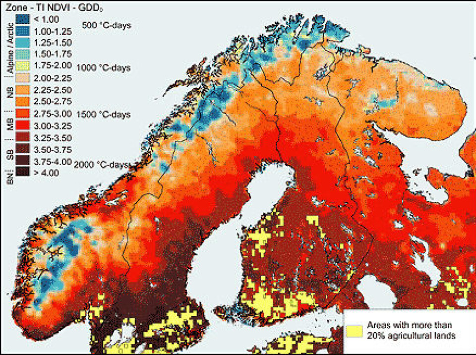 'Bioklimatisk kart som viser gjennomsnittlig sommertemperatur. Kartet er laget ved å måle fotosynteseaktiviteten hver 14. dag gjennom vekstsesongen de siste 21 år med data fra NOAA-AVHRR værvarslingssatellittene.'