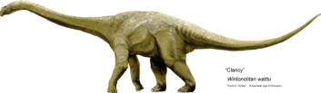 Clancy (Wintonotitan wattsi) var også en stor planteeter, enda høyere enn Matilda. (Tegning og copyright: Travis R. Tischler, Australian Age of Dinosaurs.) Clancy (Wintonotitan wattsi) var også en stor planteeter, enda høyere enn Matilda. (Tegning og copyright: Travis R. Tischler, Australian Age of Dinosaurs.)