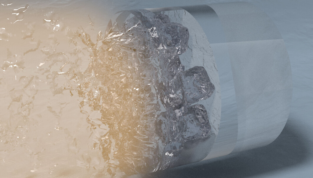 En kunstnerisk illustrasjon av den superioniske isen fra de første eksperimentene som ble gjennomført i 2019. En kunstnerisk illustrasjon av den superioniske isen fra de første eksperimentene som ble gjennomført i 2019.