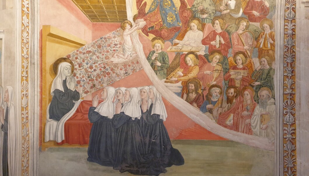 Antoniazzo Romano, Francesca Romana's soul, in her deathbed, is welcomed into heaven. Rome, Tor de' Specchi monastery