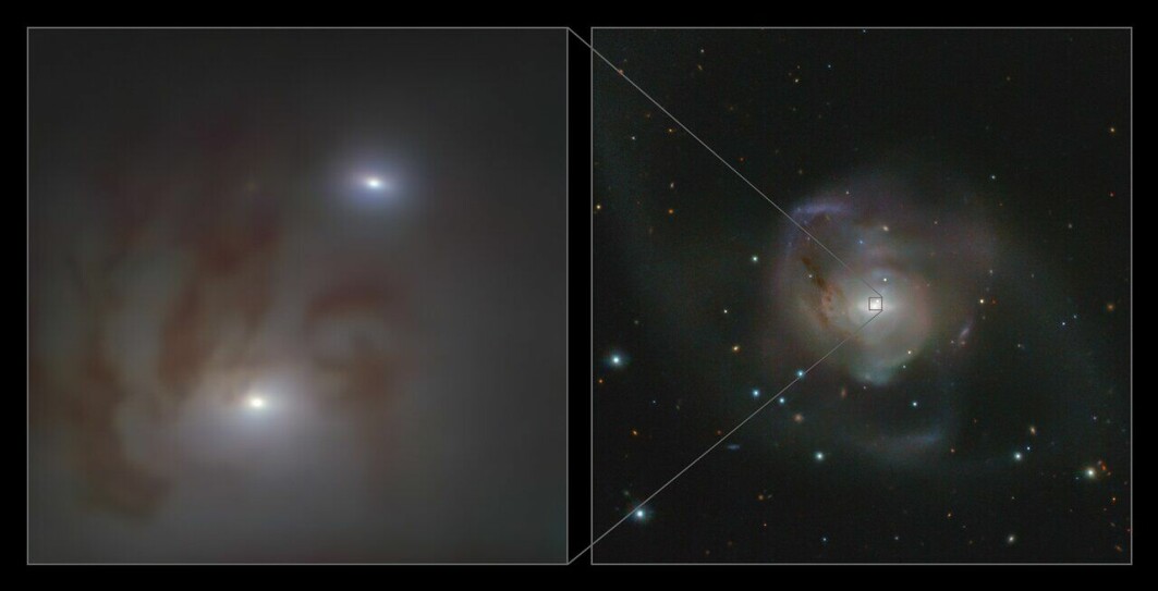 Her ser du de to kjernene i galaksen NGC 7727. Kjernene er lagd av masse stjerner med et sort hull i midten.