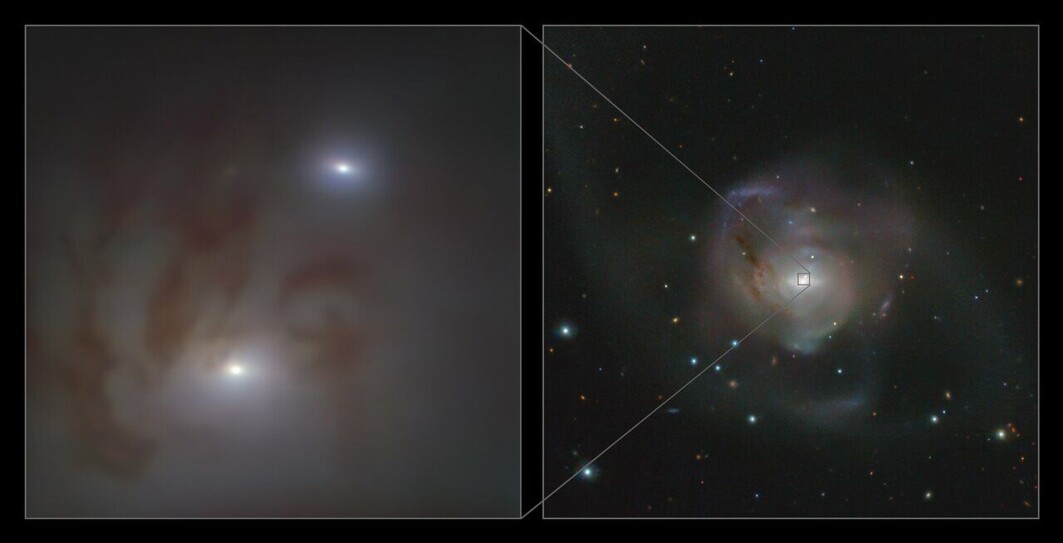 Her ser du de to kjernene i galaksen NGC 7727. Kjernene er lagd av masse stjerner med et sort hull i midten. Her ser du de to kjernene i galaksen NGC 7727. Kjernene er lagd av masse stjerner med et sort hull i midten.
