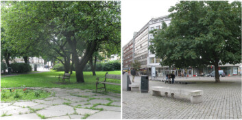 Utsnitt av to Oslo-motiver som var inkludert i bildestudien. Den lille parken med mye vegetasjon, ved Hegdehaugsveien like nord for Slottet, fikk høy rangering hva angår muligheter for restitusjon. Plassen med lite vegetasjon og harde flater, på Grønland i Oslo sentrum, fikk dårligere skåre. (Begge foto: Helena Nordh, UMB) Utsnitt av to Oslo-motiver som var inkludert i bildestudien. Den lille parken med mye vegetasjon, ved Hegdehaugsveien like nord for Slottet, fikk høy rangering hva angår muligheter for restitusjon. Plassen med lite vegetasjon og harde flater, på Grønland i Oslo sentrum, fikk dårligere skåre. (Begge foto: Helena Nordh, UMB)