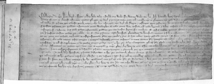 Dokument fra 1300-tallets England som omtaler granskingen av trålfiske. (Foto: Dr. Adrian Jobson, National Archives, Kew, Storbritannia)