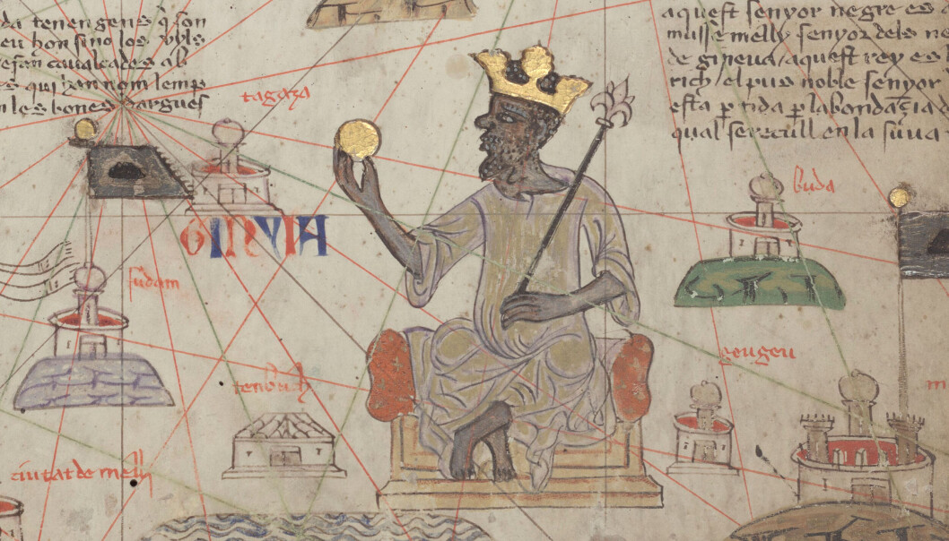 Mansa Musa var hersker over Mali-riket i perioden 1312–1337. Fremstilling av Mansa Musa sittende på en trone med en gullklump i hånden. Mansa Musa var hersker over Mali-riket i perioden 1312–1337. Fremstilling av Mansa Musa sittende på en trone med en gullklump i hånden.