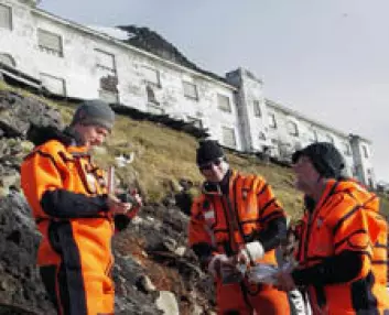 Forskerne tar jordprøver fra strandsonen i Grumant mellom Barentsburg og Longyearbyen.