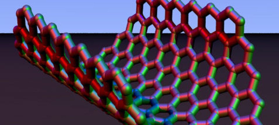 Et nanorør er atomer ordnet i et sekskantet hønsenettingmønster som bøyes til en rørform. Her er et lag delvis bøyet. Når de to endene møtes, danner atomene et komplett nanorør. (Illustrasjonsbilde: Arnero, Wikipedia, Public Domain)