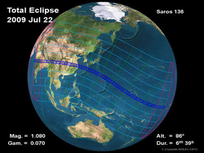 Kartet viser hvordan solformørkelsen beveger seg over jordkloden, tidlig den 22. juli 2009. (Foto: NASA) Kartet viser hvordan solformørkelsen beveger seg over jordkloden, tidlig den 22. juli 2009. (Foto: NASA)