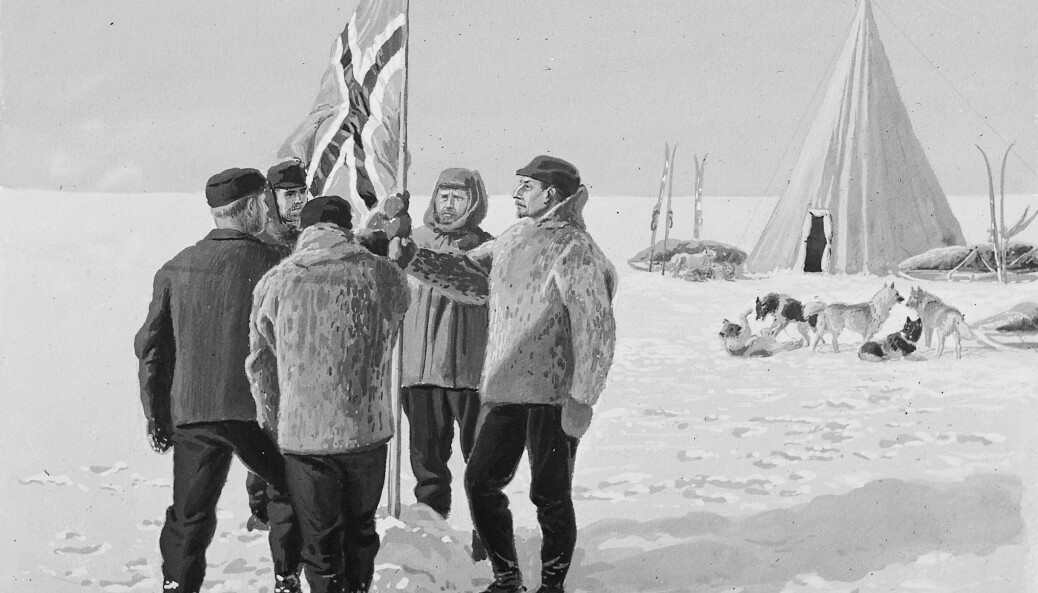 «Så rakk vi da fremm å fikk plantet vårt flagg på den geografiske sydpol – Kong Håkon VII’s Vidde. Gudskjetakk!», skrev Roald Amundsen i dagboka da de nådde Sørpolen i 1911. Foto: Tegnet postkort, Anders Beer Wilse, Norsk Folkemuseum.