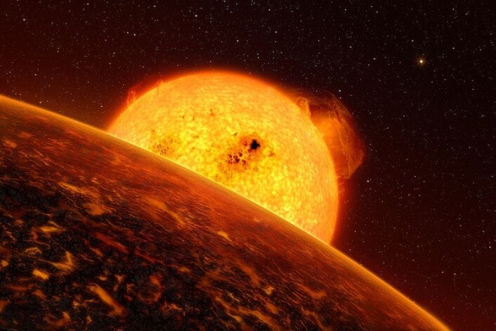 Overflaten på fjellplaneten COROT-7b blir uhyre varm fordi den bare er 2,5 millioner kilometer fra stjernen sin. Fjellet fordamper og regner ned som småstein. (Illustrasjon: ESO/L. Calcada) Overflaten på fjellplaneten COROT-7b blir uhyre varm fordi den bare er 2,5 millioner kilometer fra stjernen sin. Fjellet fordamper og regner ned som småstein. (Illustrasjon: ESO/L. Calcada)