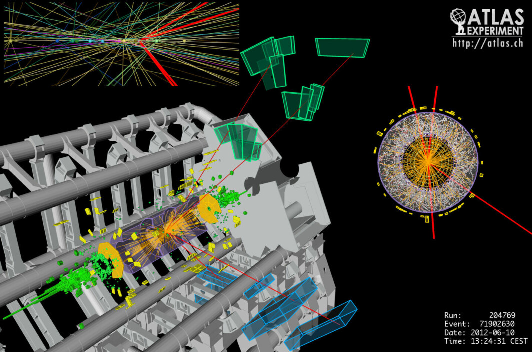 Her ser du en framstilling av en kollisjon i ATLAS. som viser at en Higgspartikkel trolig ble dannet i krasjet. De fire røde linjene representerer myoner som raser ut igjennom detektoren.