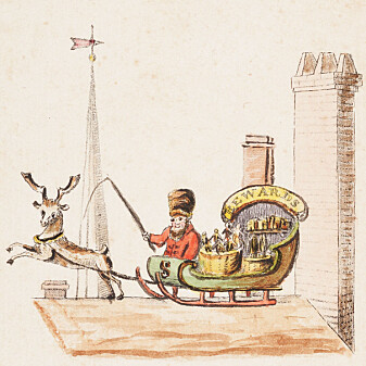 Den første avbildinga av julenissen, eller eigentleg Santeclaus (som den heitte i USA i 1821) som blir trekt av reinsdyr (frå Beinecke Digital Collections). Den første avbildinga av julenissen, eller eigentleg Santeclaus (som den heitte i USA i 1821) som blir trekt av reinsdyr (frå Beinecke Digital Collections).