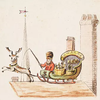 Den første avbildinga av julenissen, eller eigentleg Santeclaus (som den heitte i USA i 1821) som blir trekt av reinsdyr (frå Beinecke Digital Collections).